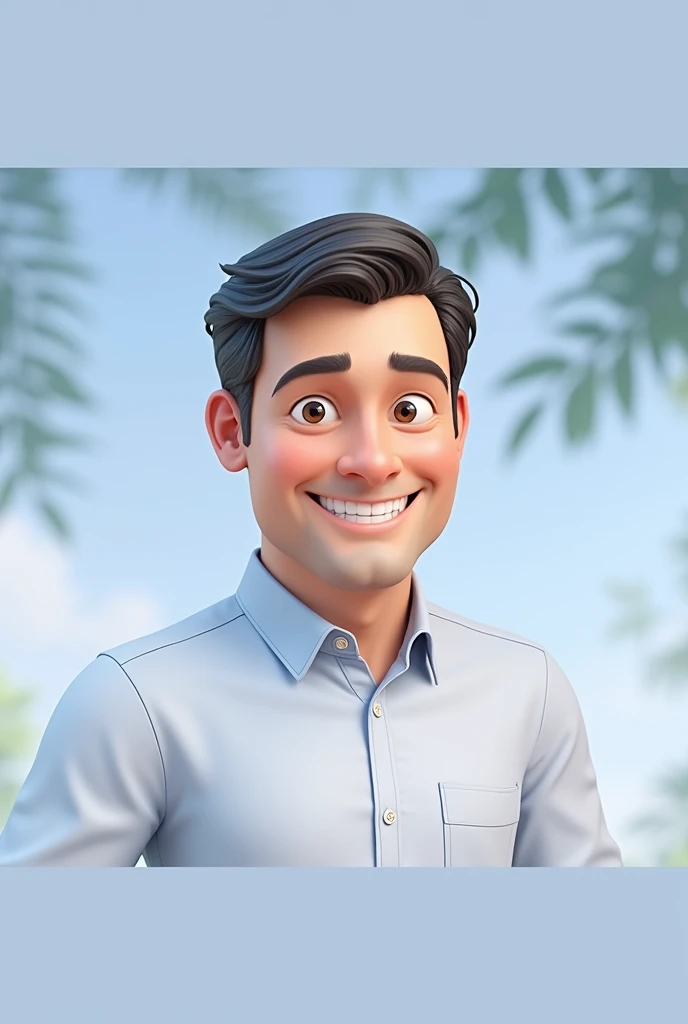 Cartoon character of a man blue shirt, 45 year old adult, an animated character, stylized character, animation style rendering, Stylized in 3D, A smiling man with short dark hair wearing a light blue button-down shirt and a wide-brimmed straw hat. He is turned slightly to the left against a softly blurred background of green foliage., suggesting a warm, sunny day. The focus is on his cheerful expression and the textured design of the hat..