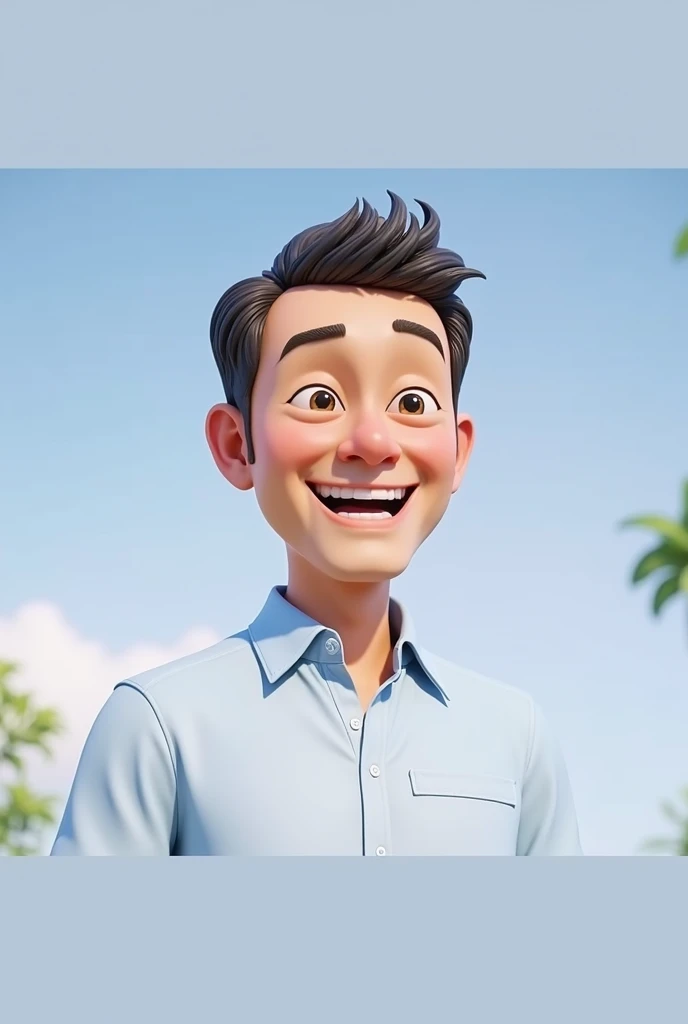 Cartoon character of a man blue shirt, 45 year old adult, an animated character, stylized character, animation style rendering, Stylized in 3D, A smiling man with short dark hair wearing a light blue button-down shirt and a wide-brimmed straw hat. He is turned slightly to the left against a softly blurred background of green foliage., suggesting a warm, sunny day. The focus is on his cheerful expression and the textured design of the hat..