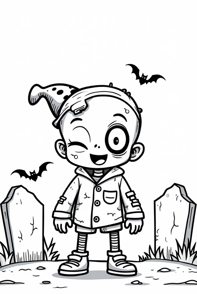 a zombie cute chibi kawaii,coloring Page, simple for toddlers, bold and easy, black bold lines White background, for a coloring book black and white, líne art, only outlines but the design is simple and bold