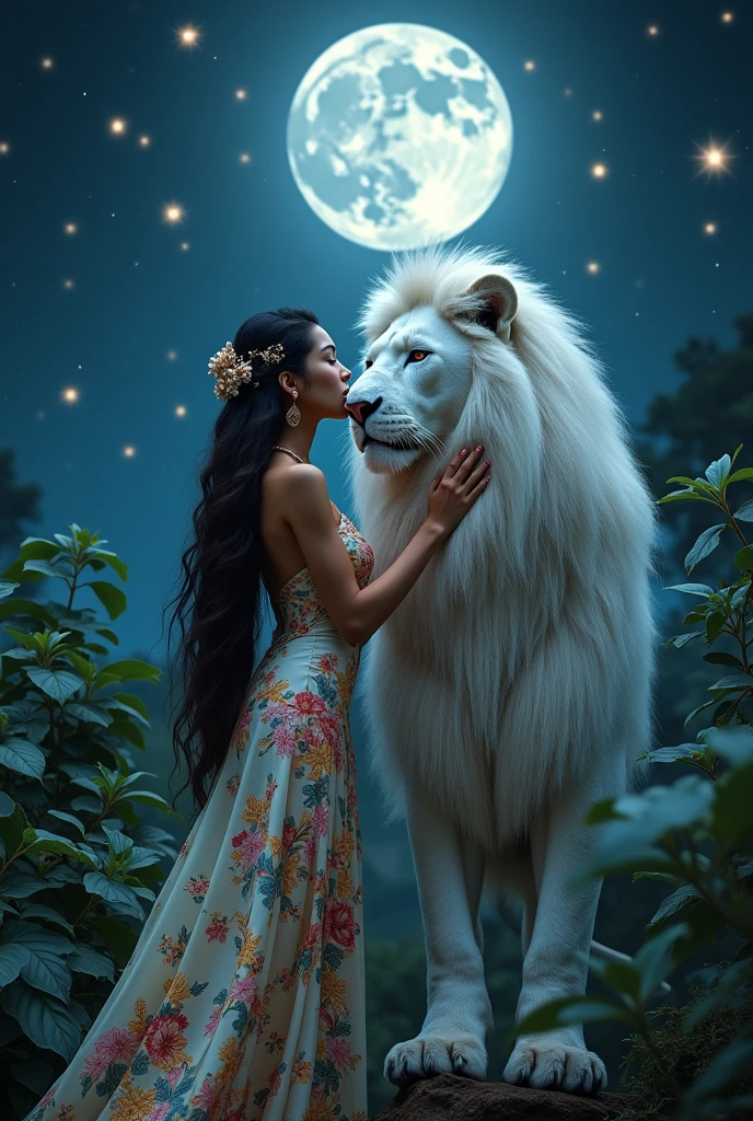 Gorgeous Thai woman with beautiful dress kisses white lion at night