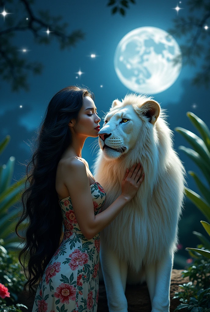 Gorgeous Thai woman with beautiful dress kisses white lion at night