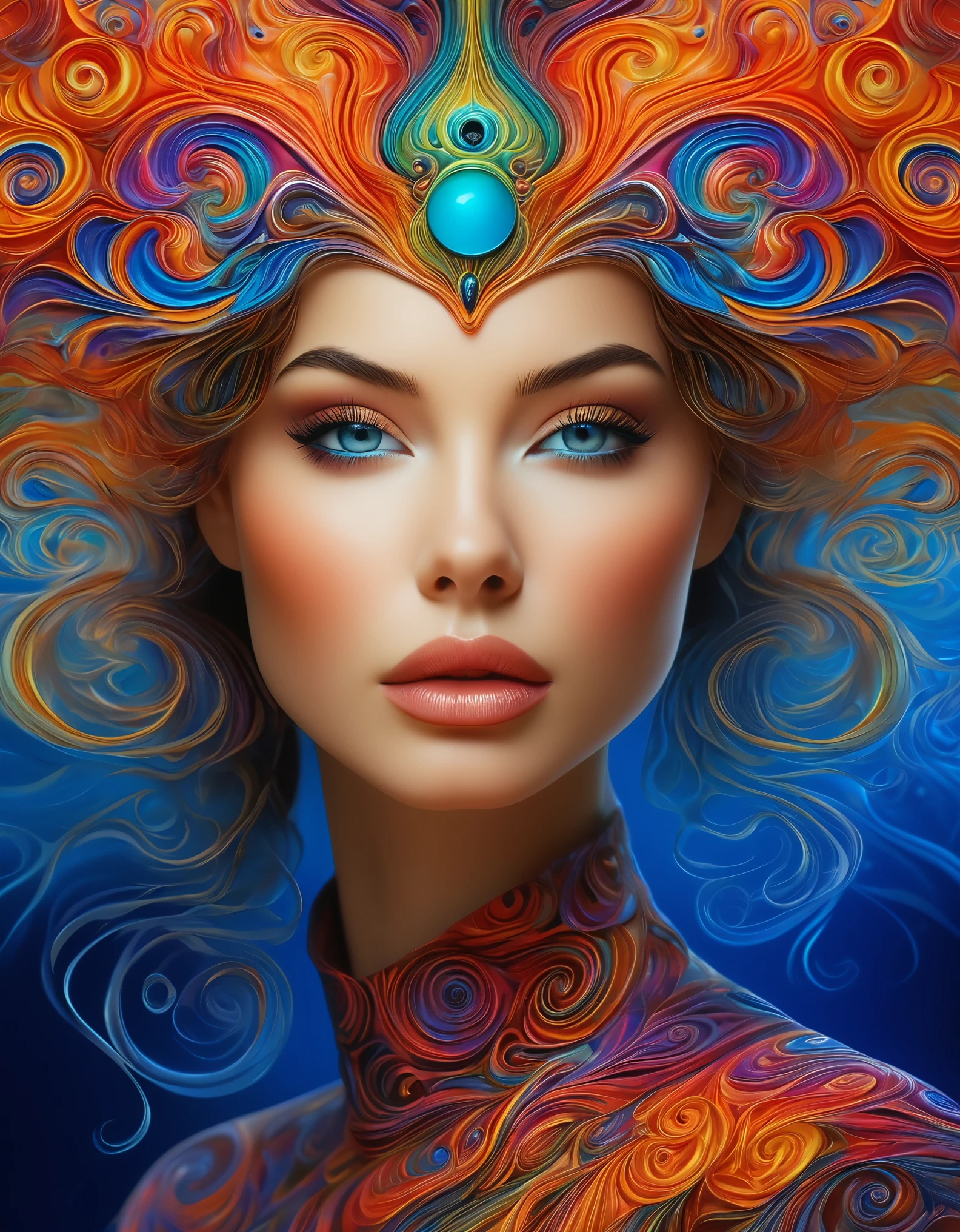 (best qualityer, ultra detali, realisitic:1.37), captivating surrealism, mesmerizing female fantasy face, swirly vibrant colors, ethereal atmosphere, details Intricate, dream composition, otherworldly elements, perfect blend of reality and imagination, mind-blowing visual experience, artistic masterpiece.