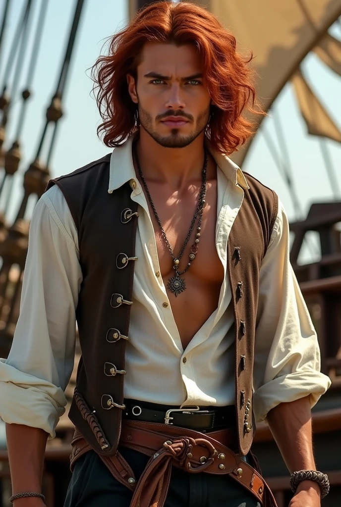 Create the image of an extremely handsome 18th century pirate, with vibrant, wavy dark red hair that falls freely over her shoulders. He is not wearing a hat, allowing your hair and goatee to be the highlight. He has a confident and seductive look, with striking facial features, like a strong jaw and piercing emerald eyes. Your outfit should reflect the pirate fashion of the time., with a muscular physique, a partially unbuttoned white linen shirt, showing part of his muscular chest and his large physique, a brown leather vest and dark pants. Also include some pirate accessories, like a period pistol belt and with a sheathed sword and hoop earrings in one ear. The background may suggest a pirate ship or the deck, with subtle nautical details