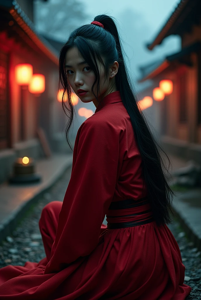((best quality)), ((masterpiece)), (detailed), A beautiful Japanese woman with black hair in a side-parted ponytail,She's a Ninja,The costume is a red ninja costume.,F cup big breasts,In the dark、Crouching down to observe the situation,The faint light of the candle illuminates the beautiful woman,24-years-old,Samurai costume,Old houses in period dramas,The light of the lantern,