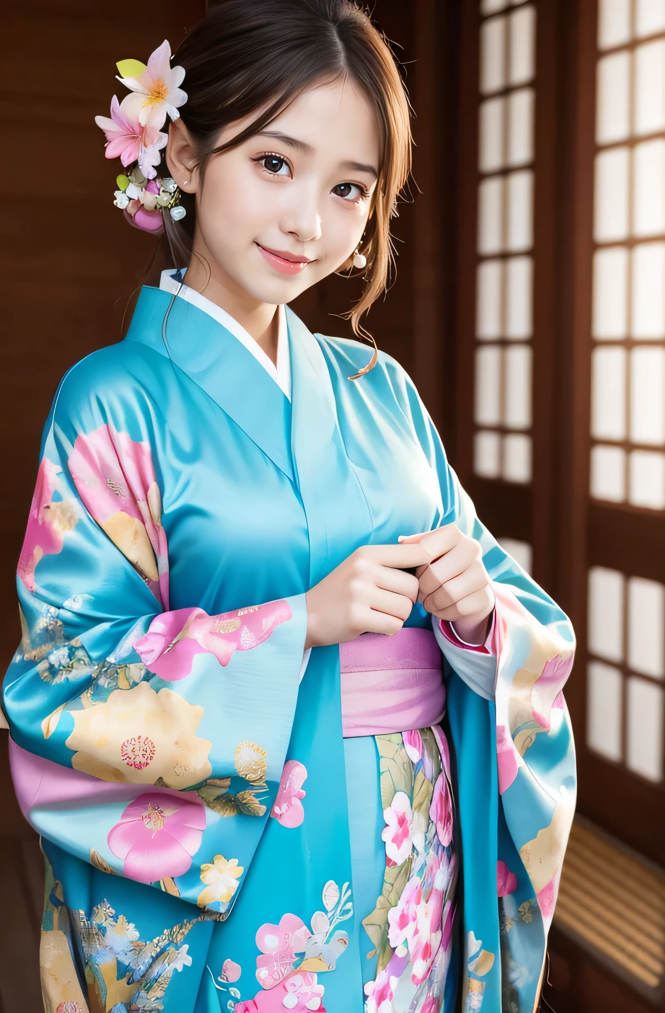 very cute girl, super cute face,clear attractive eyes, detailed Beautiful eyes,smiling, realistic photograph,gorgeous flamboyantly colored long sleeves kimono,
furisode ,very beautiful kimono,
Costume lighting