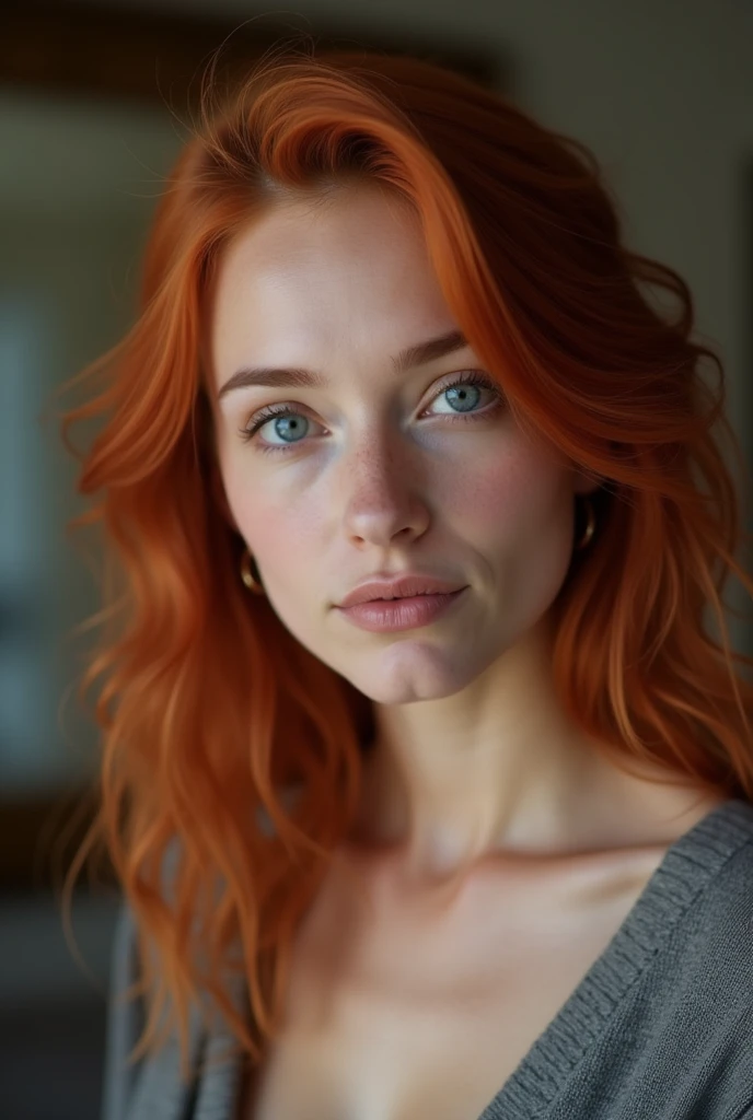  Very beautiful woman with blue eyes, red hair and perfect body, and a man putting his entire very large penis inside her vagina.

