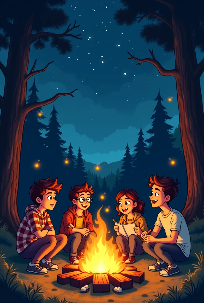 Give me a comic that a four person camping and talking in the middle of the bonfire and 16x4
