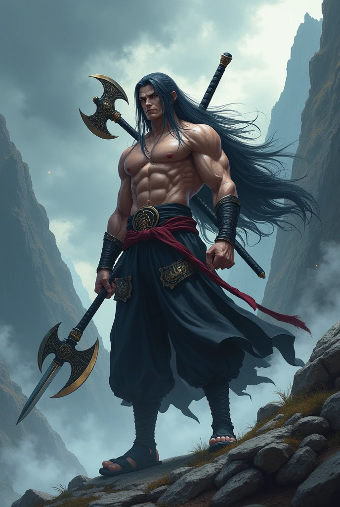 animated, Muscular warrior, long hair, badass, inspired by Uchiha Madara, with katana and axes