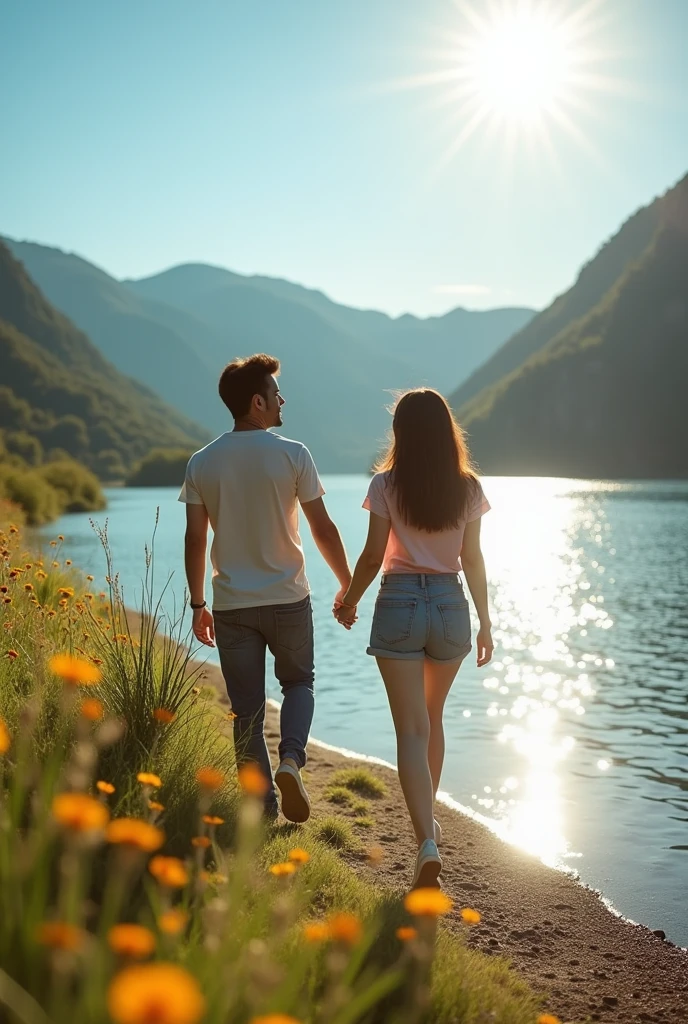 A beautiful, slightly fat Asian girl wearing casual clothes is walking hand in hand with a handsome Asian man on the edge of a beautiful lake. A straight forward view