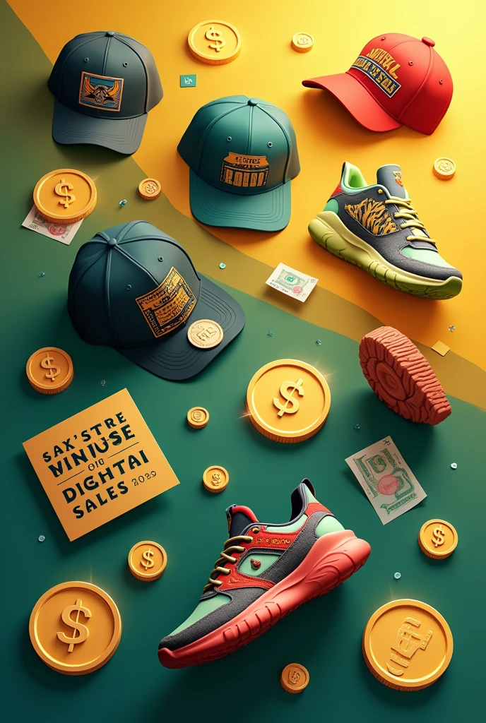 (Adobe Animate Graphic Design Style) a Facebook cover with exclusive digital sales designs such as caps, shoes, shirts and stickers of coins and bills symbolizing prosperity