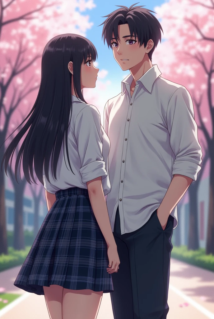 A Japanese high school girl with straight black hair and a cool young man。
A painting that looks like a photograph。

The uniform is a white shirt。

The skirt is dark in color with a navy blue and gray check pattern.。

Skirt length is shorter than above the knee。
The length of the hair is very long。
The bangs are neatly trimmed and cover the eyebrows.。

Nogizaka46-ish. Seen from the right. Height 180cm.。 モデルっぽい どちらも顔が見えるように A painting that looks like a photograph