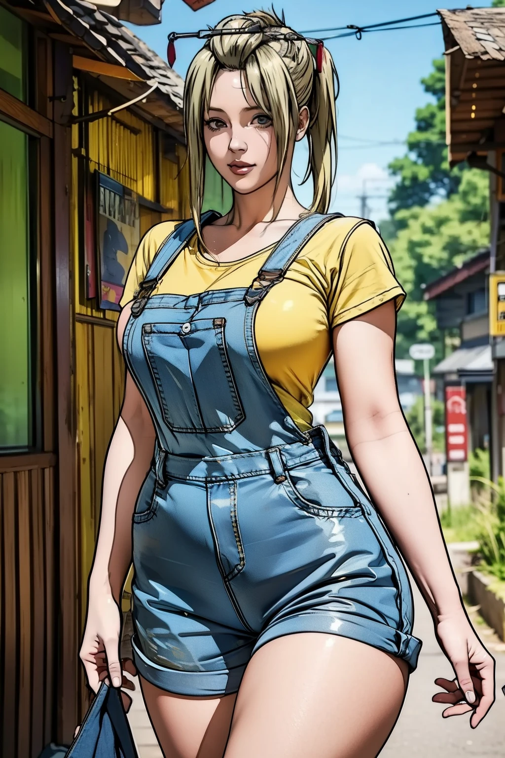 A closeup of a Caucasian woman, wearing dirty overalls, beautiful and detailed body and face, thicc, chest up bust shot, wearing blue jean overalls, wearing overalls, large breasted, eyes large, texture skin, sexy smile, yellow t-shirt, long blond hair, bangs, long pony tail, perfect accurate face,