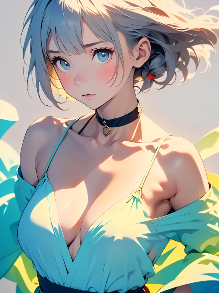 (Image from chest up:1.4)((masterpiece:1.5,Highest quality,Beautiful images、2.5D、Abstract、Artistic、Portraiture))(One girl, solo)(Cute Girls、large breasts, Gray Hair、short hair、Beautiful breasts、Off-the-shoulder outfit)(profile、Look at an angle、shake your head、Sad look, Floating Hair、Backlight)(Plain background:1.5)((Dynamic Angle:1.5)),See-through gown