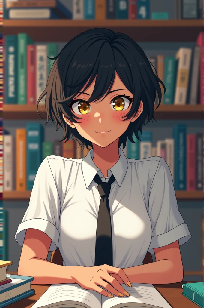 nerd with wavy black hair, and yellow eyes and tanned brown skin, white clothes with black tie, round glasses (アニメ)