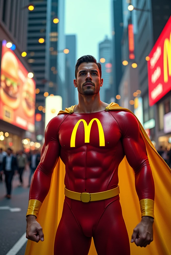 Create an image of McDonald&#39;s Man, A superhero with the Golden M on his chest, who uses fries and burgers as projectiles