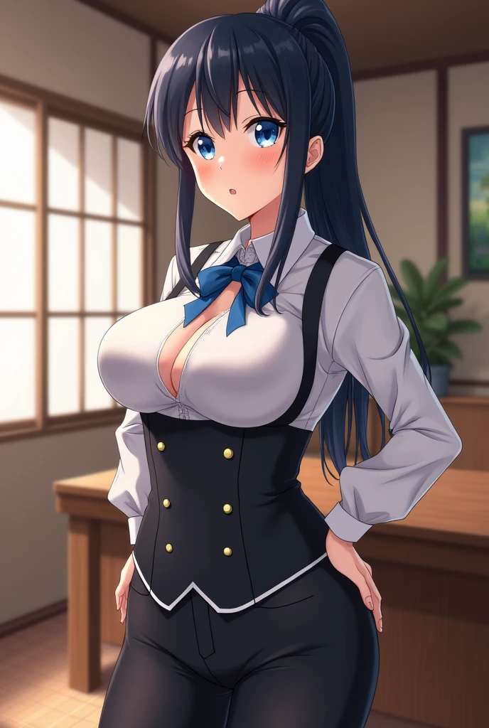Anime Japanese woman, black hair, ponytail, blue eyes, butler uniform, black pants, Japanese style room, big breasts, big ass, visible nipples , Visible pubic area