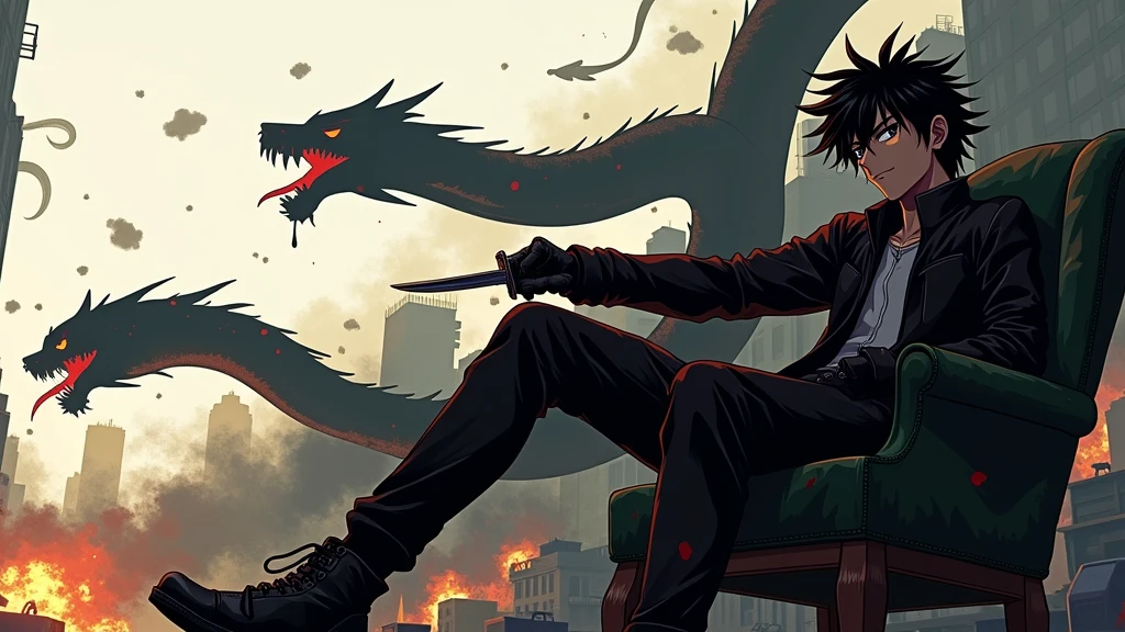 ((illustration)), (best quality)), ((masterpiece)), (detailed), teenager, 1male, black hair, jacket, black gloves, coat, sunglasses, leather, solo, anime, city, night, flat color, demons, snakes, monsters, chair, holding knife, glowing eyes, smoke, bloody, blood on clothes, blood on face, crazy smile, war, chaos, cinematic, epic, anime, fire, explosion,