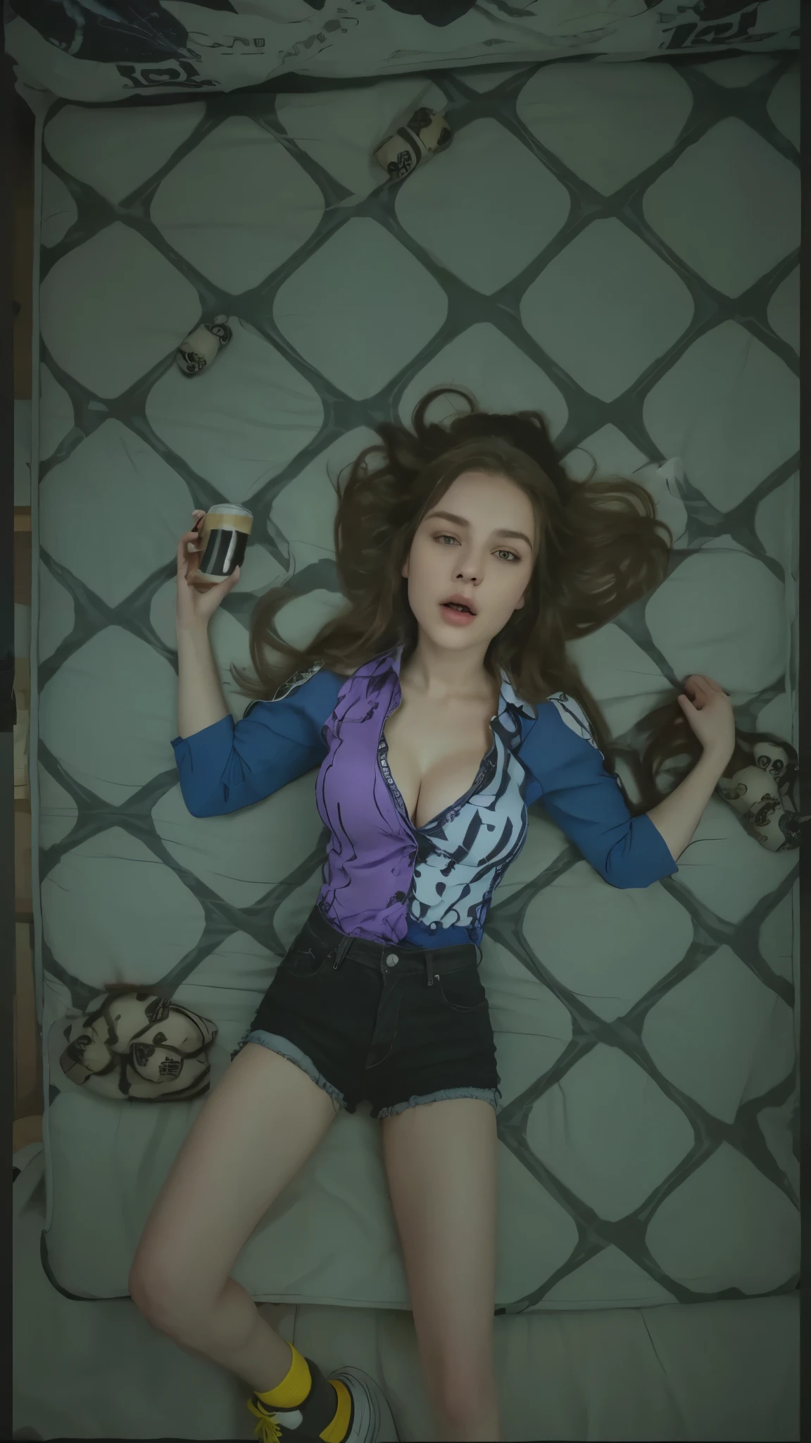 raw photo from extreme high angle, a beautiful white woman with brown long hair, black eyeshadow, wearing a blue and purple shirt covered with skulls and stripes, laying down on a dirty mattress, staring up at the ceiling, wearing black jean shorts, yellow sneakers, large breasts, large cleavage, 8k, uhd, beer bottles on the mattress