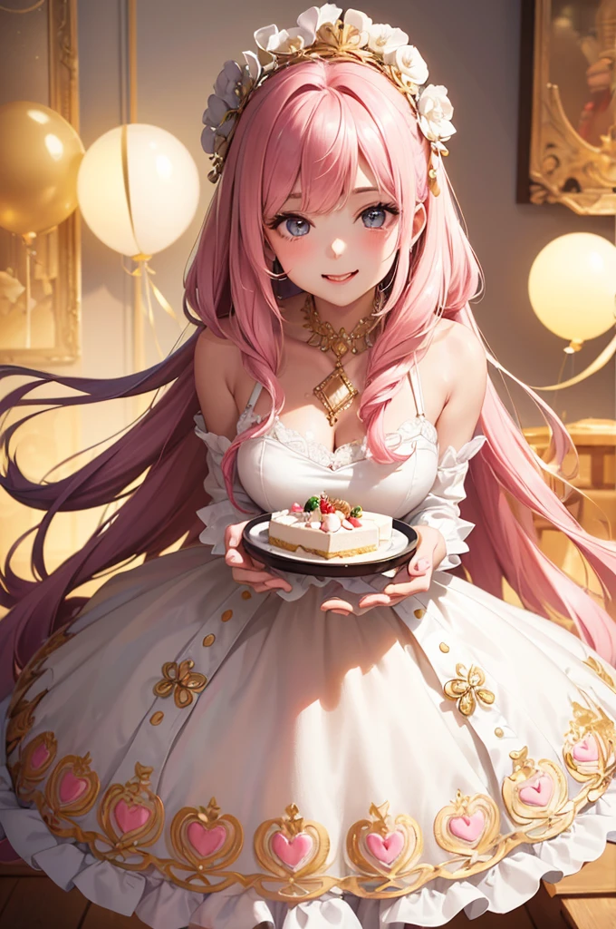 Best Quality,High resolution,8k,(plain white background, no patterns, no textures, just a plain white background:1.3),Masterpiece:1.2),beautiful girl,(Shiny pink hair),messy hair,Beautiful pink eyes,From the viewer's perspective, a girl is leaning forward with a bright smile, (holding a fork with a piece of cake right in front of you, playfully encouraging you to take a bite:1.3), She’s dressed in a cute and festive outfit, her hair styled naturally, and the warm atmosphere of the room, filled with balloons and streamers, enhances the celebratory mood,Gentle look,A refreshing look,smile,Best quality,Best Quality,Aesthetic and aesthetic:1.2,Best details((Super detailed))(High-definition CG illustrations),Slender body,smile,blush,Mature look,cute,Scrounge,Looking up,Being spoiled,super model