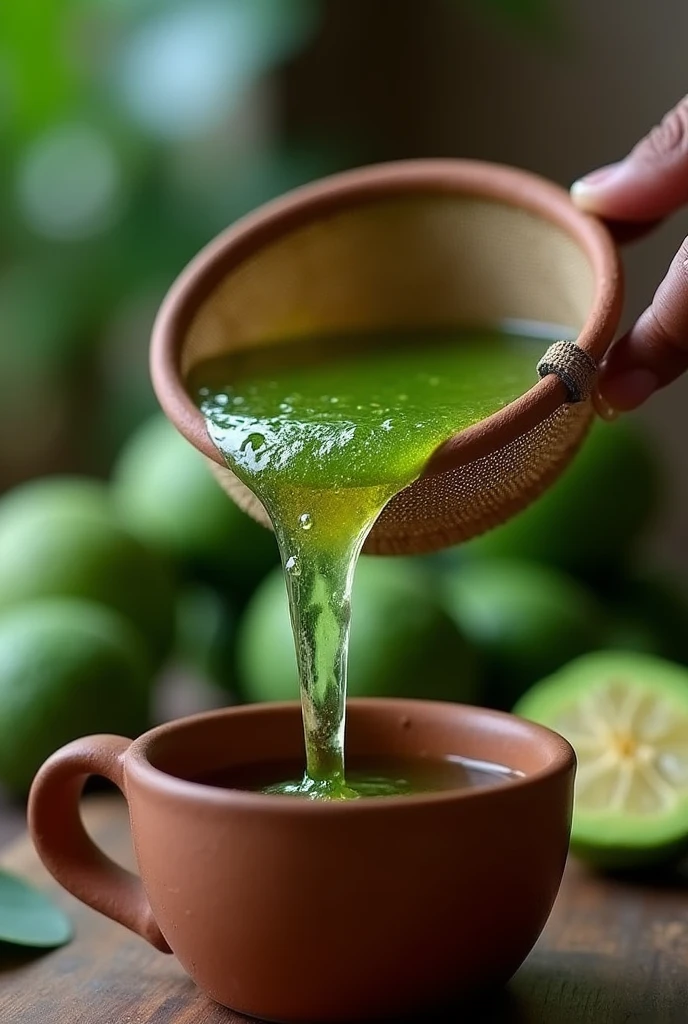 I want the soursop leaf water to be strained with a strainer for a tea without characters and closer up