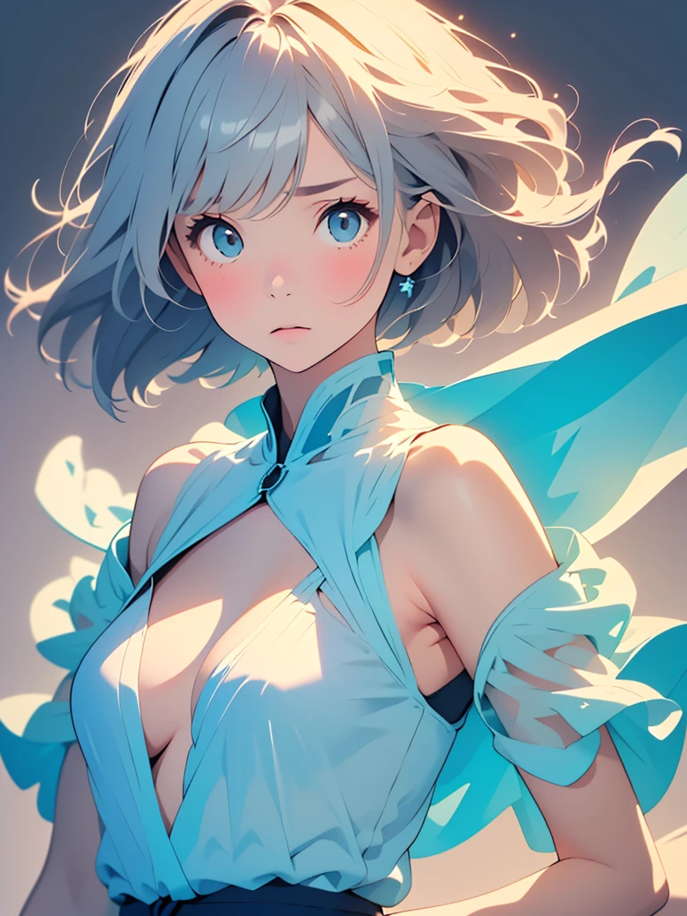 (Image from ????? up:1.4)((masterpiece:1.5,Highest quality,Beautiful images、2.5D、Abstract、Artistic、Portraiture))(One girl, solo)(Cute Girls、?????????????, Gray Hair、short hair、Beautiful ???????、Off-the-shoulder outfit)(profile、Look at an angle、shake your head、Sad look, Floating Hair、Backlight)(Plain background:1.5)((Dynamic Angle:1.5)),See-through gown