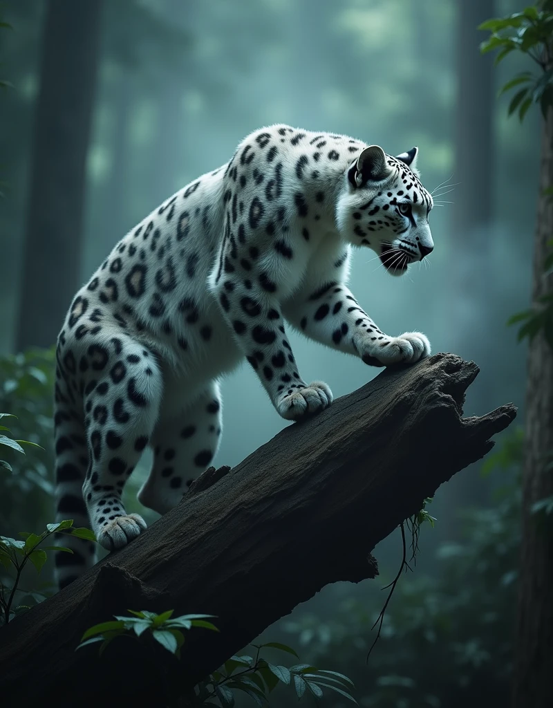 (((masterpiece))), (((Highest quality))), ((Very detailed)), (photograph), (photo:1.2) of a Snow leopard, anthropomorphic shape, humanoid form, woman body, small breasts, big hips, little coverings, action pose on a fallen tree trunk, jungle background, motion blur, cinematic action angle, cinematic angle, cinematic perspective, action shot, action perspective. intricate details, shimmering, sparkling, iridescent, mesmerizing, dreamlike, ethereal, cinematic lighting, dramatic shadows, vibrant colors, soft focus, hyper realistic, masterpiece. [Entire scene is surrounded by mist, evoking a mysterious and eerie atmosphere. The lighting is dark and atmospheric, with smoke and fog adding a touch of sinister ambiance. Best quality image, HDR enhancement, showcasing the utmost level of detail and realism]. [8K, Best Quality, Ultra High Resolution, (highly detailed CG unity 8k wallpaper), (best photo), (best shadows), isometric 3D, octane rendering, ray tracing, highly detailed, (Best quality, 4K, 8k:1.2), absurdity, ultra detailed, (realistic, photorealistic, photorealistic:1.37), complex parts, HDR, (complex parts:1.12), (hyper detailed, hyper realistic, Soft lighting, spicy:1.2), (complex parts, Hyper detailed:1.15). Blurred foreground. (backlit), masterpiece, high quality, brightness, chromatic aberration, foggy smoke, shadows, contrast, (warm hue, warm tone), high details, natural reflections]. many details. Cinematic lights. photo.