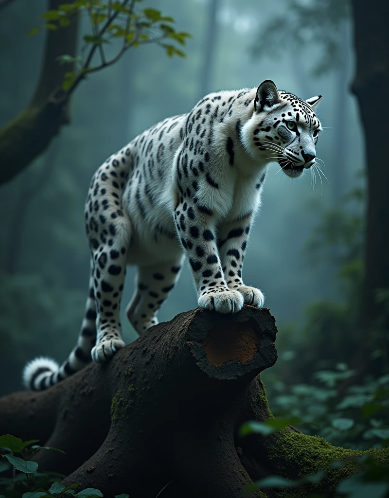 (((masterpiece))), (((Highest quality))), ((Very detailed)), (photograph), (photo:1.2) of a Snow leopard, anthropomorphic shape, humanoid form, woman body, small breasts, big hips, little coverings, action pose on a fallen tree trunk, jungle background, motion blur, cinematic action angle, cinematic angle, cinematic perspective, action shot, action perspective. intricate details, shimmering, sparkling, iridescent, mesmerizing, dreamlike, ethereal, cinematic lighting, dramatic shadows, vibrant colors, soft focus, hyper realistic, masterpiece. [Entire scene is surrounded by mist, evoking a mysterious and eerie atmosphere. The lighting is dark and atmospheric, with smoke and fog adding a touch of sinister ambiance. Best quality image, HDR enhancement, showcasing the utmost level of detail and realism]. [8K, Best Quality, Ultra High Resolution, (highly detailed CG unity 8k wallpaper), (best photo), (best shadows), isometric 3D, octane rendering, ray tracing, highly detailed, (Best quality, 4K, 8k:1.2), absurdity, ultra detailed, (realistic, photorealistic, photorealistic:1.37), complex parts, HDR, (complex parts:1.12), (hyper detailed, hyper realistic, Soft lighting, spicy:1.2), (complex parts, Hyper detailed:1.15). Blurred foreground. (backlit), masterpiece, high quality, brightness, chromatic aberration, foggy smoke, shadows, contrast, (warm hue, warm tone), high details, natural reflections]. many details. Cinematic lights. photo.