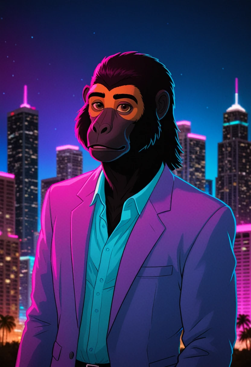 Create an image of a howler monkey, humanized in a MIAMI VICE animation style. The background should resemble Miami City or a retro setting, with illuminated skyscrapers and a vibrant night.