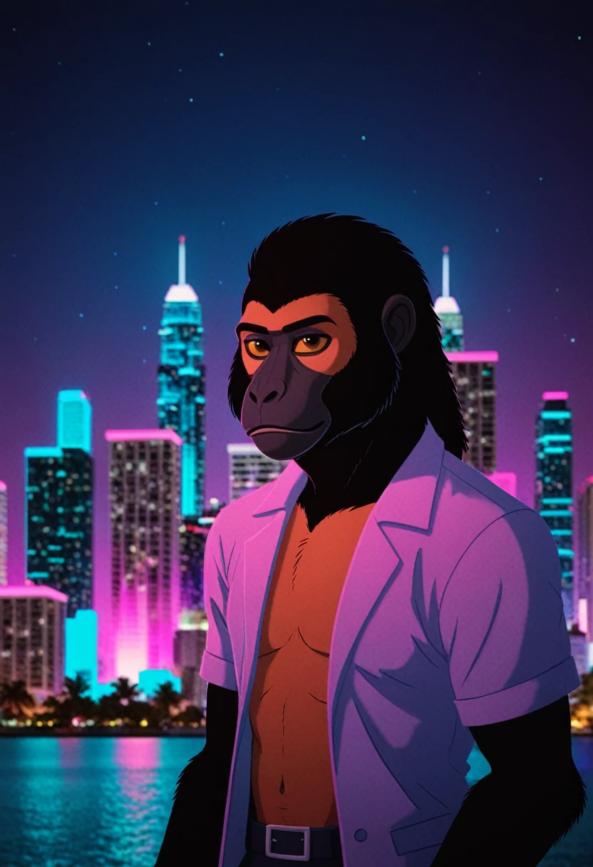 Create an image of a howler monkey, humanized in a MIAMI VICE animation style. The background should resemble Miami City or a retro setting, with illuminated skyscrapers and a vibrant night.