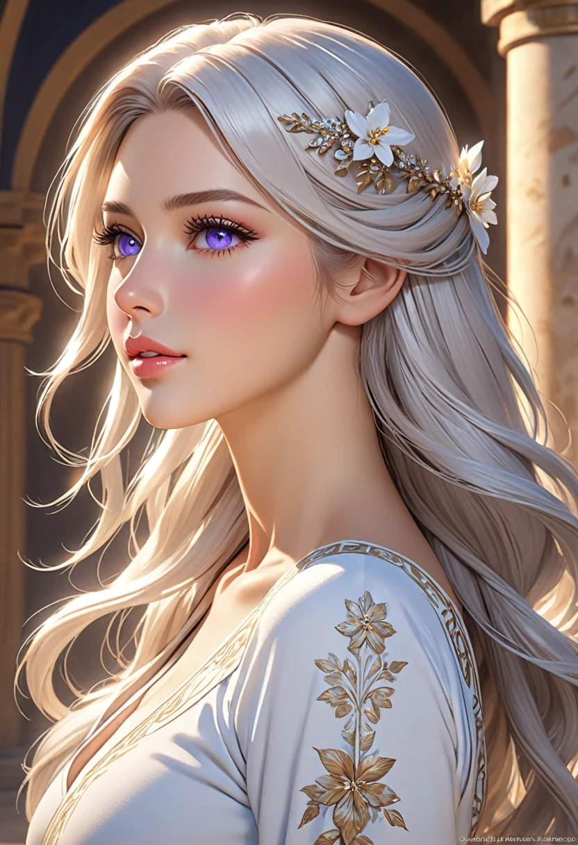 ((best quality)), ((artwork)), ((extremely detailed face)), ((perfect lighting)), ((extremely detailed CG)), ((perfect hands, perfect anatomy)), Appearance= Tall, european features, youthful, ravishingly beautiful, busty, athletic, toned, full lips; violet eyes; long, flowing pure white hair Personality= Modest, reserved Occupation= Dawnstar Reputation= The most beautiful woman in the world Clothing=  Greek ]