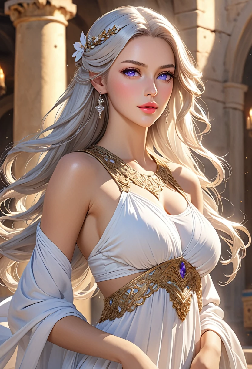 ((best quality)), ((artwork)), ((extremely detailed face)), ((perfect lighting)), ((extremely detailed CG)), ((perfect hands, perfect anatomy)), Appearance= Tall, european features, youthful, ravishingly beautiful, busty, athletic, toned, full lips; violet eyes; long, flowing pure white hair Personality= Modest, reserved Occupation= Dawnstar Reputation= The most beautiful woman in the world Clothing=  Greek ]