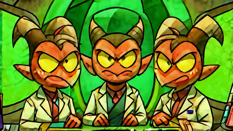 (masterpiece, best quality:1.2), Group of Imp´s, serious face, wearing scientist clothes, writing on a notebook futuristic laboratory background