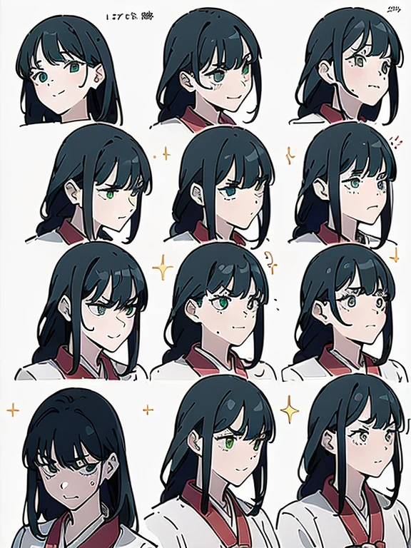 ((((masterpiece, Best Quality, Ultra-high resolution, Best illustrations)))), ((Portrait of a person standing against a white background)), (Very delicate and cute face, Sparkling Eyes), A beautiful 18-year-old shrine maiden girl named "Midori" stands diagonally to the left alone, Medium length black hair, Clean green eyes, Long red Hakama, Knee-high boots, ((ace expression sheet, same person, 9 face expressions, smile, laughing, crying, tired, sly smirk, shy, grumpy, surprised, terrified)),