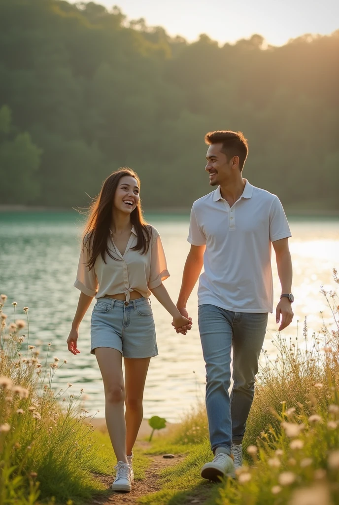 Fotografhy A beautiful, slightly fat Asian girl wearing casual clothes is walking hand in hand with a handsome Asian man on the edge of a beautiful lake. A straight forward view