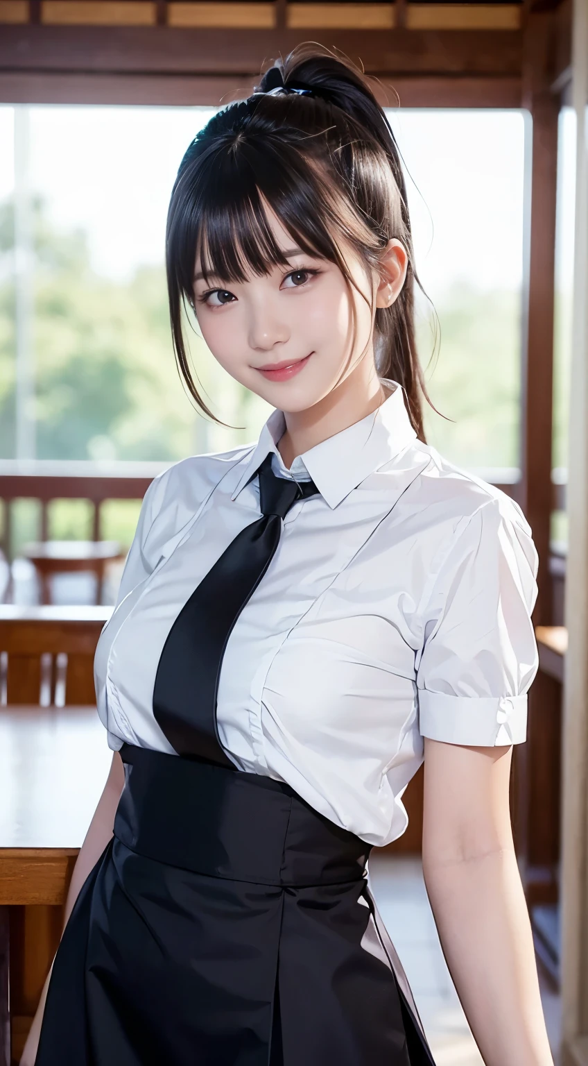 (Highest quality,masterpiece:1.3,Ultra-high resolution,),(Very detailed,Caustics),(Realistic:1.4,RAW shooting,)Ultra-Realistic Capture,Very detailed,High resolution 16K human skin closeup。 Natural skin texture、,pores、、、、It must be detailed enough to be easily identifiable。 Skin tone is even and healthy looking。 Use natural light and color,restaurant,Waitress Uniform,1 person,Japanese,18-year-old,cute,Black-haired,ponytail,Big Breasts,smile,Turn your body forward,(Front view:1.1),Looking into the camera,Cowboy Shot,