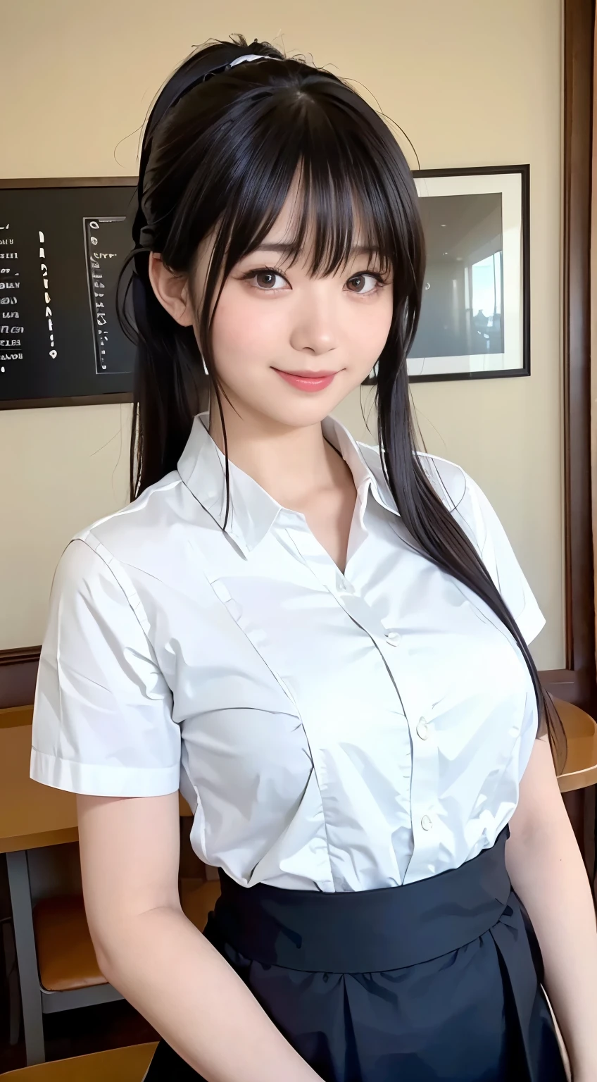 (Highest quality,masterpiece:1.3,Ultra-high resolution,),(Very detailed,Caustics),(Realistic:1.4,RAW shooting,)Ultra-Realistic Capture,Very detailed,High resolution 16K human skin closeup。 Natural skin texture、,pores、、、、It must be detailed enough to be easily identifiable。 Skin tone is even and healthy looking。 Use natural light and color,restaurant,Waitress Uniform,1 person,Japanese,18-year-old,cute,Black-haired,ponytail,Big Breasts,smile,Turn your body forward,(Front view:1.1),Looking into the camera,Cowboy Shot,