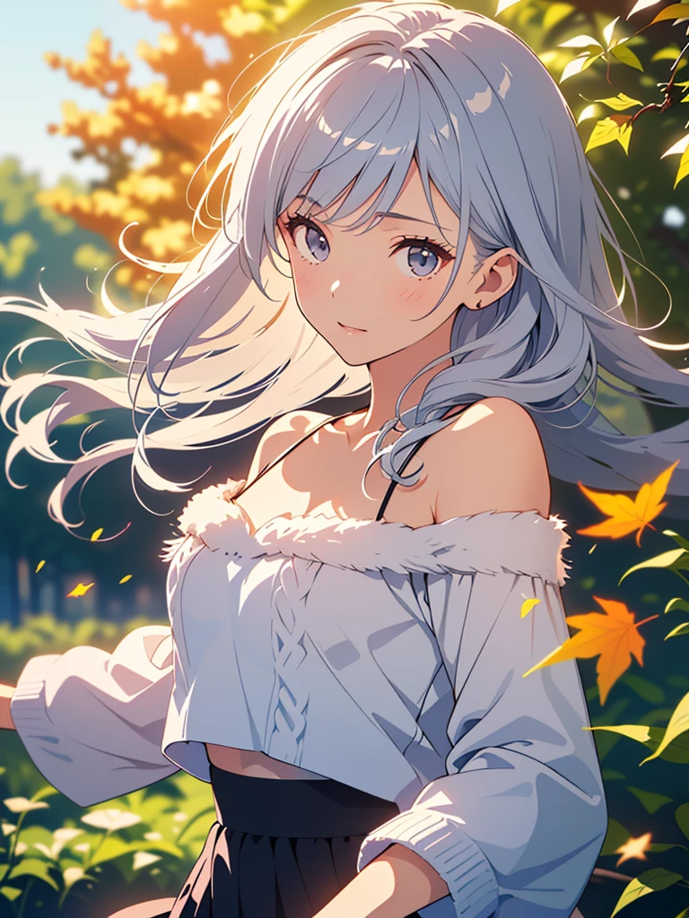 ((masterpiece:1.5、8k、Portraiture、Very detailedなCG、Very detailed、Particle Effects、Dynamic Effects、Shallow depth of field、Cinematic Light、Lens flare、Ray Tracing、Tabletop、超A high resolution:1.2、2.5D illustration))((alone、,Woman wearing an off-the-shoulder fur sweater:1.4、Elegant woman posing、Detailed face、brightexpression、young, bright, Whiter skin、Ample breasts、Best Looks、Ultimate beauty、Shiny silver hair with highlights、bright and shiny hair,、Super long, Silky straight hair、Hair dancing in the wind))(A tree of light stretching to the sky、Shiny leaves fall、Morning Dew、It&#39;s shining brightly)