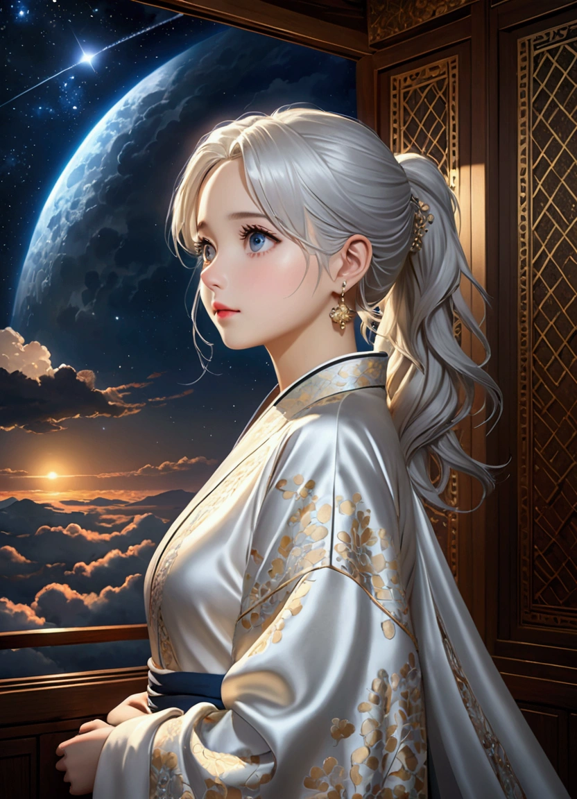 (Beautiful night sky), (Stars), Meteor Showers, Beyond the clouds,Wide Angle, Stunning clouds, 1 Girl, Solitary ,(young), Facial highlights, Upper Body, Delicate face, Tear mole, White skin, Silver Hair, Ponytail, Braided hair, Looking at the audience, big eyes, silk robe, (Hollow pattern, White, silk), earrings, Small Breasts, slim, VIP room, Professional lighting, Photon Mapping, Radiosity, Physically Based Rendering,(best quality, masterpiece:1.2), Ultra-high resolution, Practical, forward lighting, Intricate details, Exquisite details and textures,