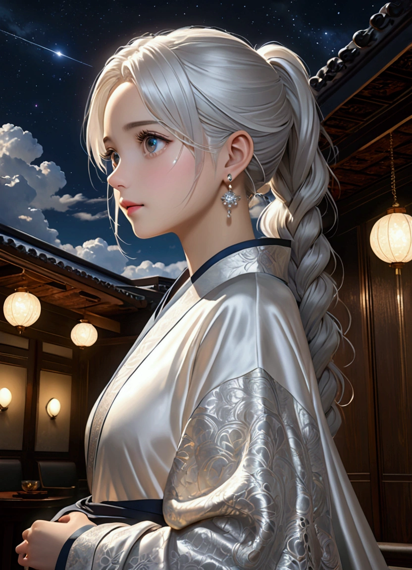 (Beautiful night sky), (Stars), Meteor Showers, Beyond the clouds,Wide Angle, Stunning clouds, 1 Girl, Solitary ,(young), Facial highlights, Upper Body, Delicate face, Tear mole, White skin, Silver Hair, Ponytail, Braided hair, Looking at the audience, big eyes, silk robe, (Hollow pattern, White, silk), earrings, Small Breasts, slim, VIP room, Professional lighting, Photon Mapping, Radiosity, Physically Based Rendering,(best quality, masterpiece:1.2), Ultra-high resolution, Practical, forward lighting, Intricate details, Exquisite details and textures,