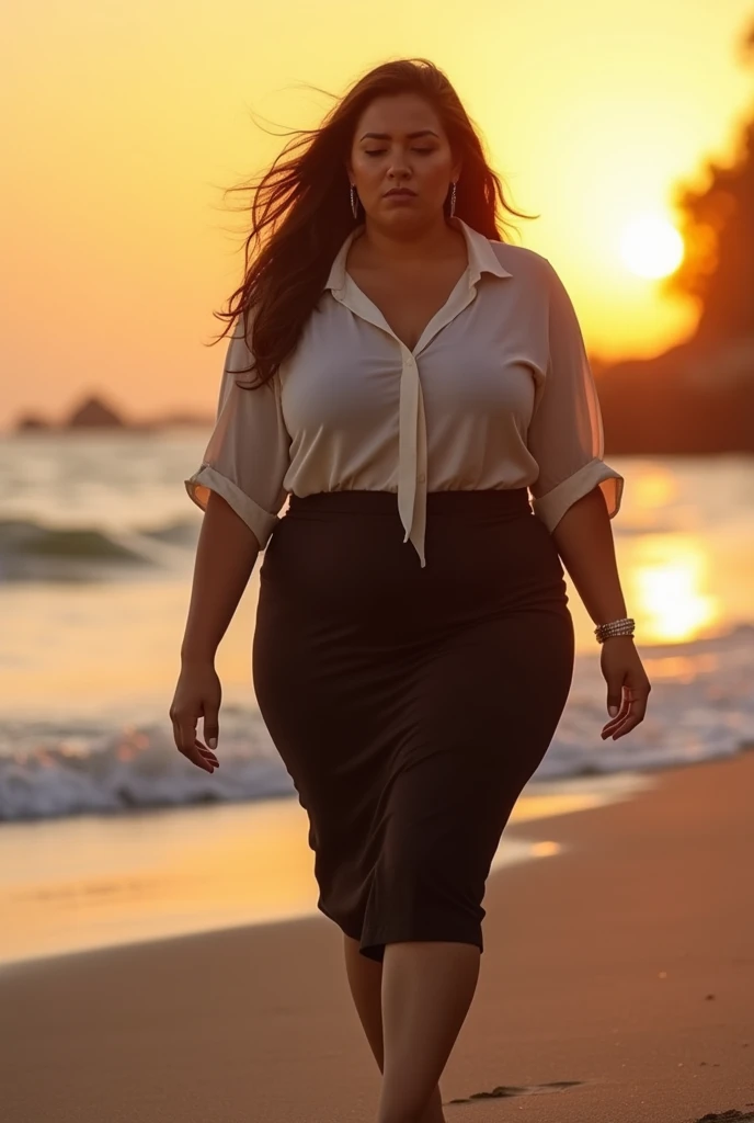 Woman walking on the beach at sunset, depth of fields, Soft orange light illuminating a woman, ((thick body)), Textured skin, The person is clear, length hair, Nostalgic and refreshing atmosphere, A worried look, One Woman Standing, Light makeup, Crisp drawing, Attractive woman, flowing silhouettes, A woman wearing a blouse and dark tight skirt, Symmetrical blouse, tight skirt and thin belt, Elegant materials and design, small earring, Small bracelet, Sophisticated style,,(big booty) Plus size bbw big , (wide booty,Thick body ,fat body , curve shap body, widest hips , thick hips ,widest breast, thick breast