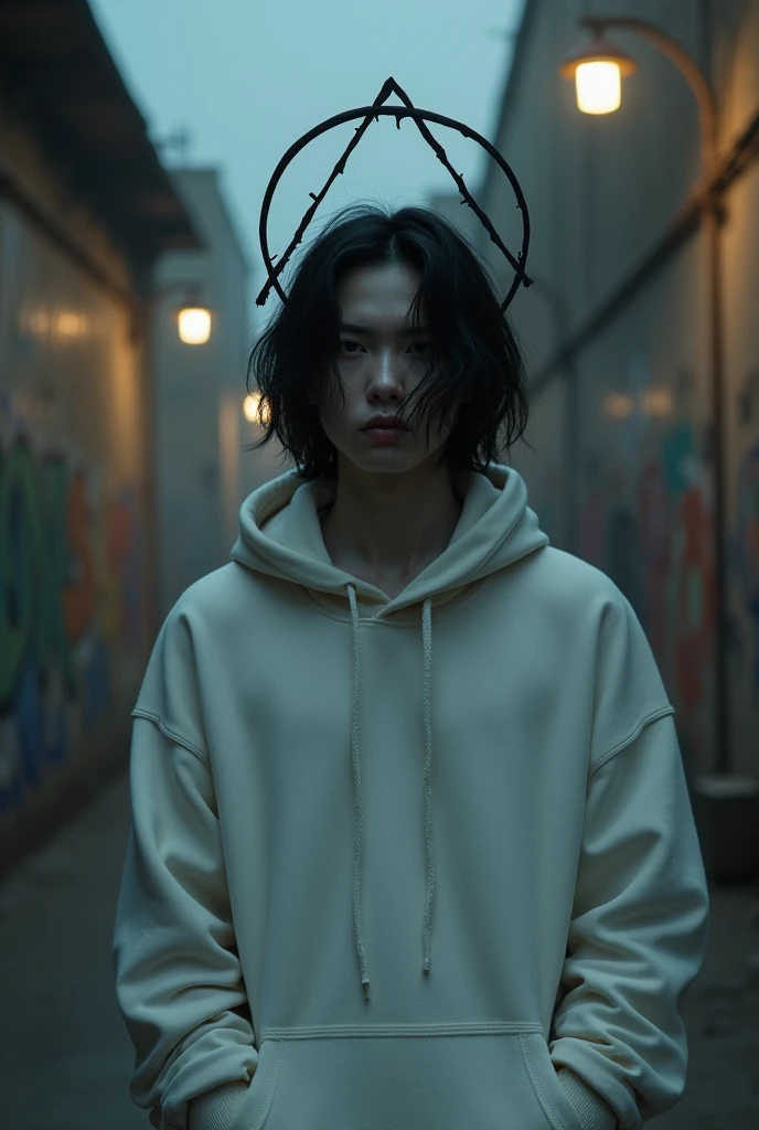 Kai is a black-haired male anime character wearing a white hoodie and a broken triangle halo ring. He has no emotions or feelings.