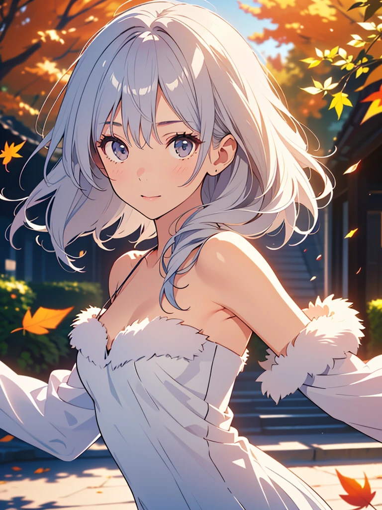 ((masterpiece:1.5、8k、Portraiture、Very detailedなCG、Very detailed、Particle Effects、Dynamic Effects、Shallow depth of field、Cinematic Light、Lens flare、Ray Tracing、Tabletop、超A high resolution:1.2、2.5D illustration))((alone、,Woman wearing an off-the-shoulder fur sweater:1.4、Elegant woman posing、Detailed face、brightexpression、young, bright, Whiter skin、Ample breasts、Best Looks、Ultimate beauty、Shiny silver hair with highlights、bright and shiny hair,、Super long, Silky straight hair、Hair dancing in the wind))(A tree of light stretching to the sky、Shiny leaves fall、Morning Dew、It&#39;s shining brightly)