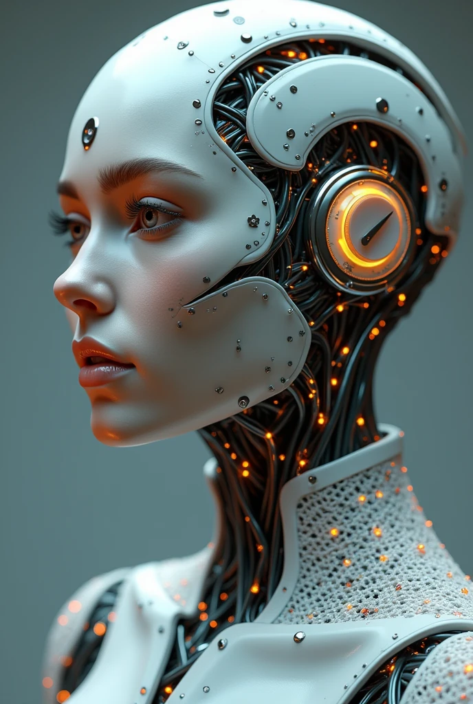 complex 3d render ultra detailed of a beautiful porcelain profile woman android face, cyborg, robotic parts, 150 mm, beautiful studio soft light, rim light, vibrant details, Luxurious cyberpunk, lace, hyperrealistic, anatomical, facial muscles, cable electric wires, microchip, elegant, beautiful background, Octane Render, H. R. Giger style, 8k, best quality, masterpiece, illustration, an extremely delicate and beautiful, extremely detailed ,CG ,unity ,wallpaper, (realistic, photo-realistic:1.37),Amazing, finely detail, masterpiece,best quality,official art, extremely detailed CG unity 8k wallpaper, absurdres, incredibly absurdres, uhd、Enchanting cleavage