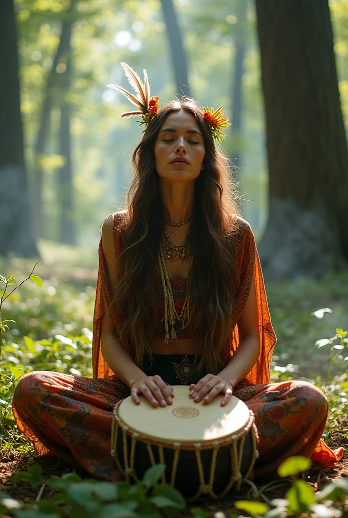 Woman playing the 1-stick shamanic drum