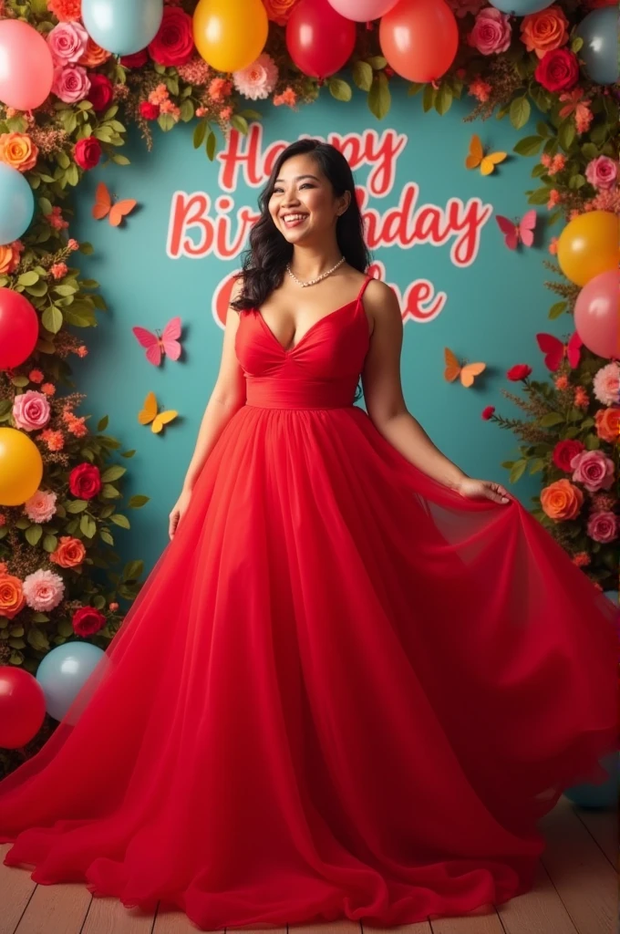 Real Pinay women beautiful semi Chubby with red Ballgown with name wall  "Happy Birthday Che Che"with flowers baloons butterflies 
