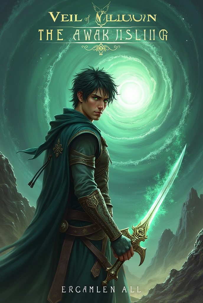 (photorealism:1.2), Background: The cover features a dramatic, fantasy landscape of a world shrouded in illusion. The backdrop includes a large, swirling vortex or veil, symbolizing the illusionary nature of the world. The landscape is a mix of mystical forests, ancient ruins, and shadowy mountains, with a faint, otherworldly glow permeating the scene.Foreground: In the foreground, the central figure is Riven Kael, depicted in a dynamic pose. He is dressed in rugged, battle-worn attire, reflecting his journey and struggles. His green eyes are intense, and his raven-black hair is slightly tousled, adding to his determined appearance.Details:Riven is shown wielding a prominent weapon, such as a glowing sword or staff, symbolizing his quest for power and vengeance. The weapon should have intricate designs and a radiant aura, emphasizing its significance.Surrounding Riven are subtle, ethereal elements like floating fragments of light, mystical runes, or ghostly figures, representing the illusion and magical aspects of the world.Color Scheme: The color palette includes deep, rich tones such as emerald green, midnight blue, and dark purple, contrasted with highlights of silver and gold. These colors should evoke a sense of mystery, magic, and danger.Text:The title, “Veil of Illusion: The Awakening,” is prominently displayed at the top or center of the cover in an elegant, fantasy-style font. The letters might have a glowing or metallic effect to stand out against the background.At the bottom or in a corner, include the author’s name in a smaller but matching font. You might also add a tagline or subtitle that hints at the novel’s themes, such as “Betrayal, power, and revenge in a world of illusions.”Overall Mood: The cover should convey a sense of epic fantasy and high stakes, with a focus on the themes of illusion, power, and the protagonist’s journey. The imagery should intrigue and captivate potential readers, drawing them into the mysterious and enchanting world of th