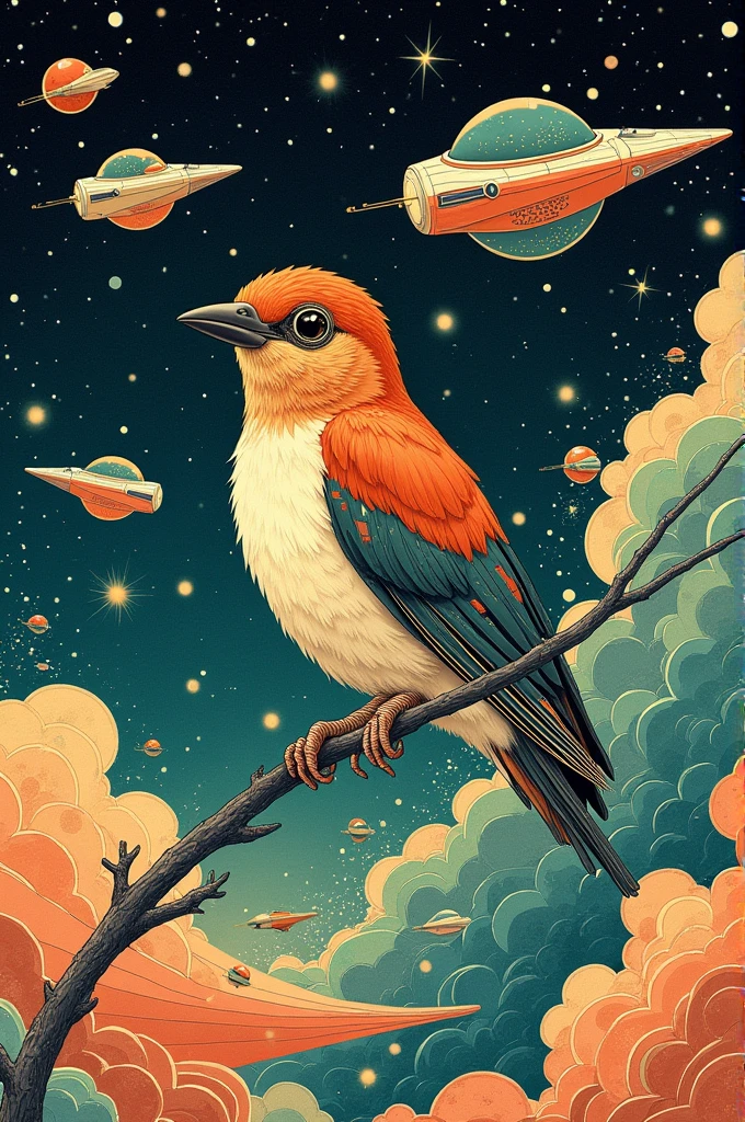 ((best quality)), ((masterpiece)), (detailed), ((perfect face)), surreal, art nouveau, in the illustrative style of moebius, spaceships, fantasy, sci-fi, graphic novel, line drawing, japanese, traditional, vintage, elegant, chic, sophisticated, cuckoo bird,
