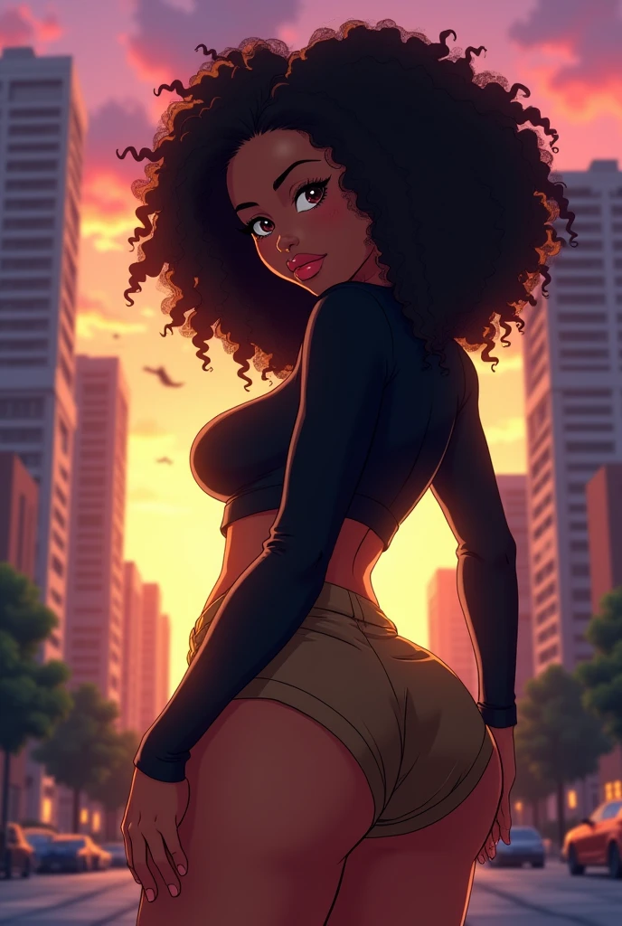 アニメ. Black woman with curly hair. Big ass and breasts. Wearing a black long sleeved shirt and brown short shorts. on all fours with your ass in the air