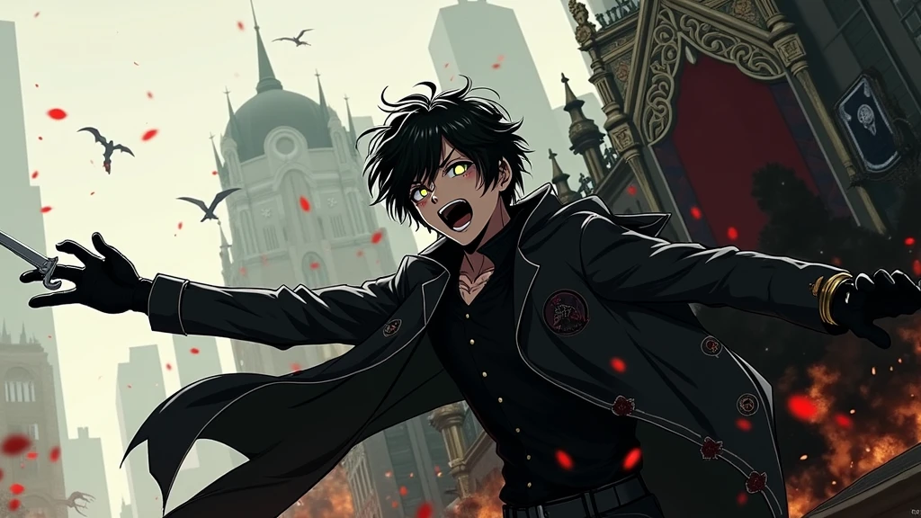 ((illustration)), (best quality)), ((masterpiece)), (detailed), teenager, 1male, black hair, jacket, black gloves, coat, sunglasses, leather, solo, anime, city, night, flat color, demons, snakes, monsters, throne, holding knife, glowing eyes, smoke, bloody, blood on clothes, blood on face, crazy smile, war, chaos, cinematic, epic, anime, fire, explosion,