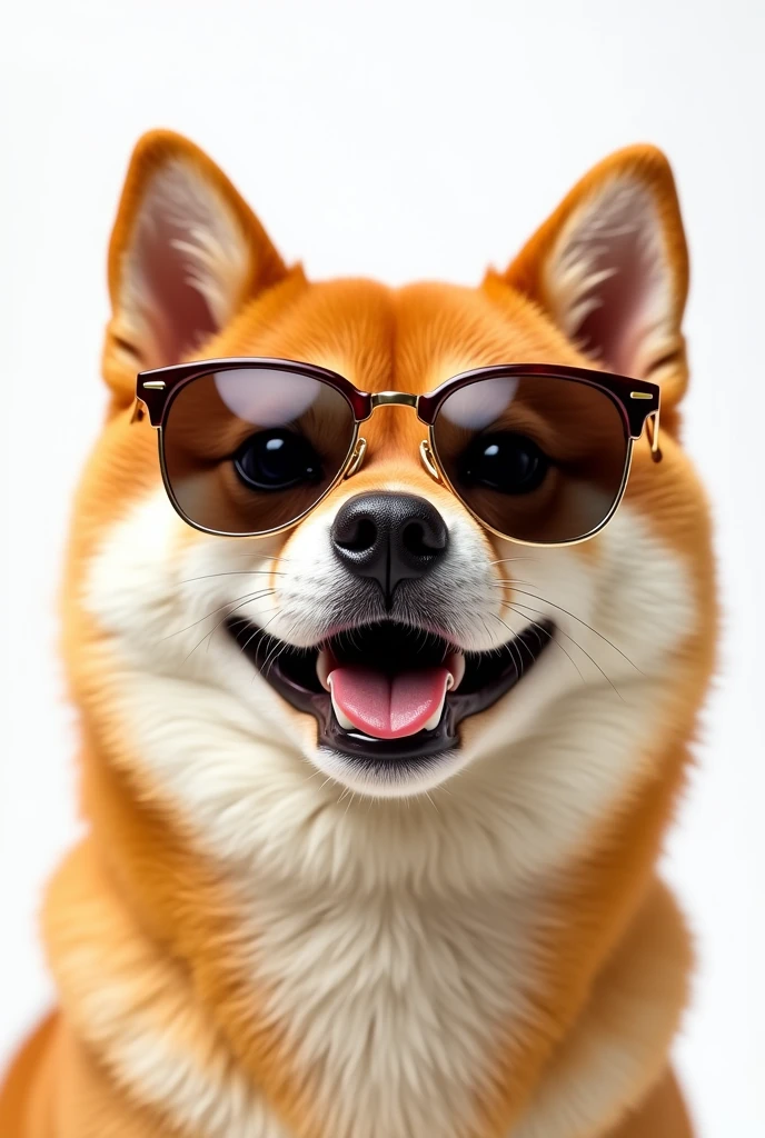 shiba inu, realisitic, HD, Close face, sunglasses, smile and white background